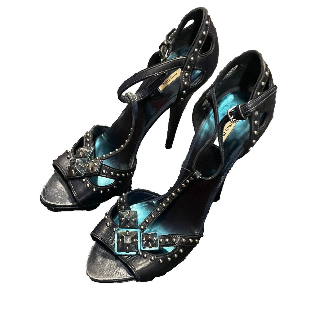 Miu Miu Prada black Leather High Heel open Toe Shoes 38.5  Ultra High with studs